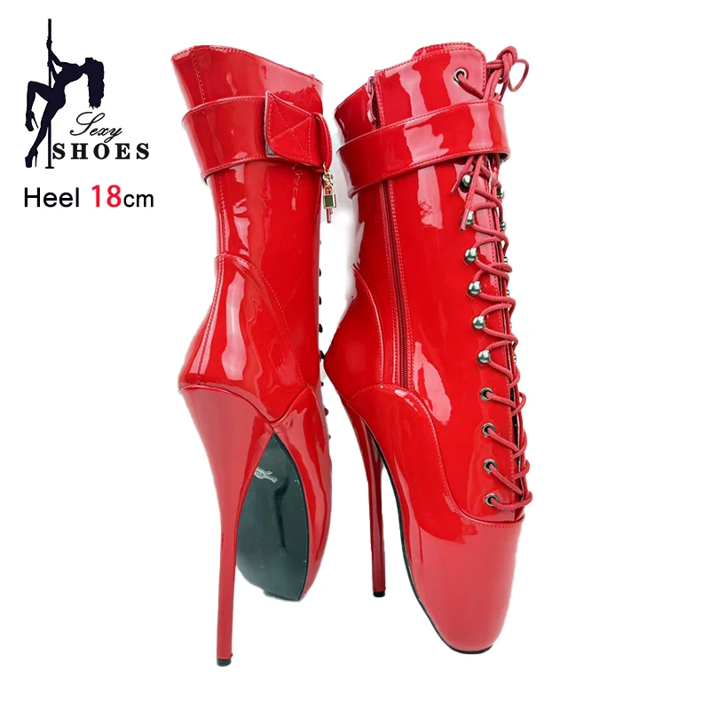 Sexy Lock Wrap Strap Women Ankle Boots 18CM/7" Stiletto High Heel Black Fetish Ballet Shoes Larger Size 36-46 Red Ballet Boots