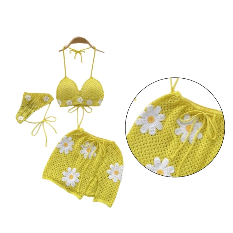 Breathable Swim Wear Set 3 Piece Beach Outfit Halterneck Top Short Skirt Headscarf Hollow Out Beach