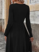 Elegant Solid Color Button-Detail Round Neck Long Sleeve Mid-Length Plus Size Women's Dress for Autumn - Image 3