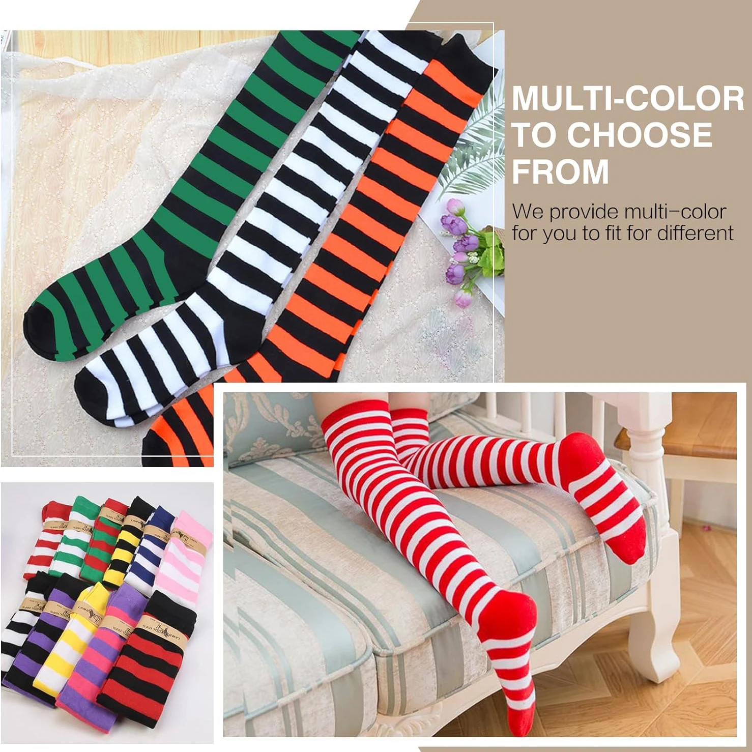 1 Pair Women\'s Long Striped Socks Over Knee Thigh High Stockings for Independence Day Christmas Halloween Witch Cosplay Stocking