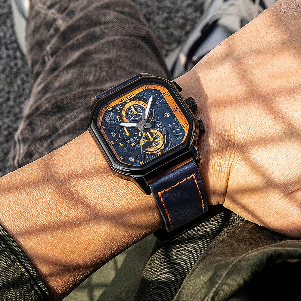 MEGIR-Reloj de pulsera deportivo para hombre, cronógrafo militar, resistente al agua, con esfera cuadrada, de cuero, de lujo, con fecha automática