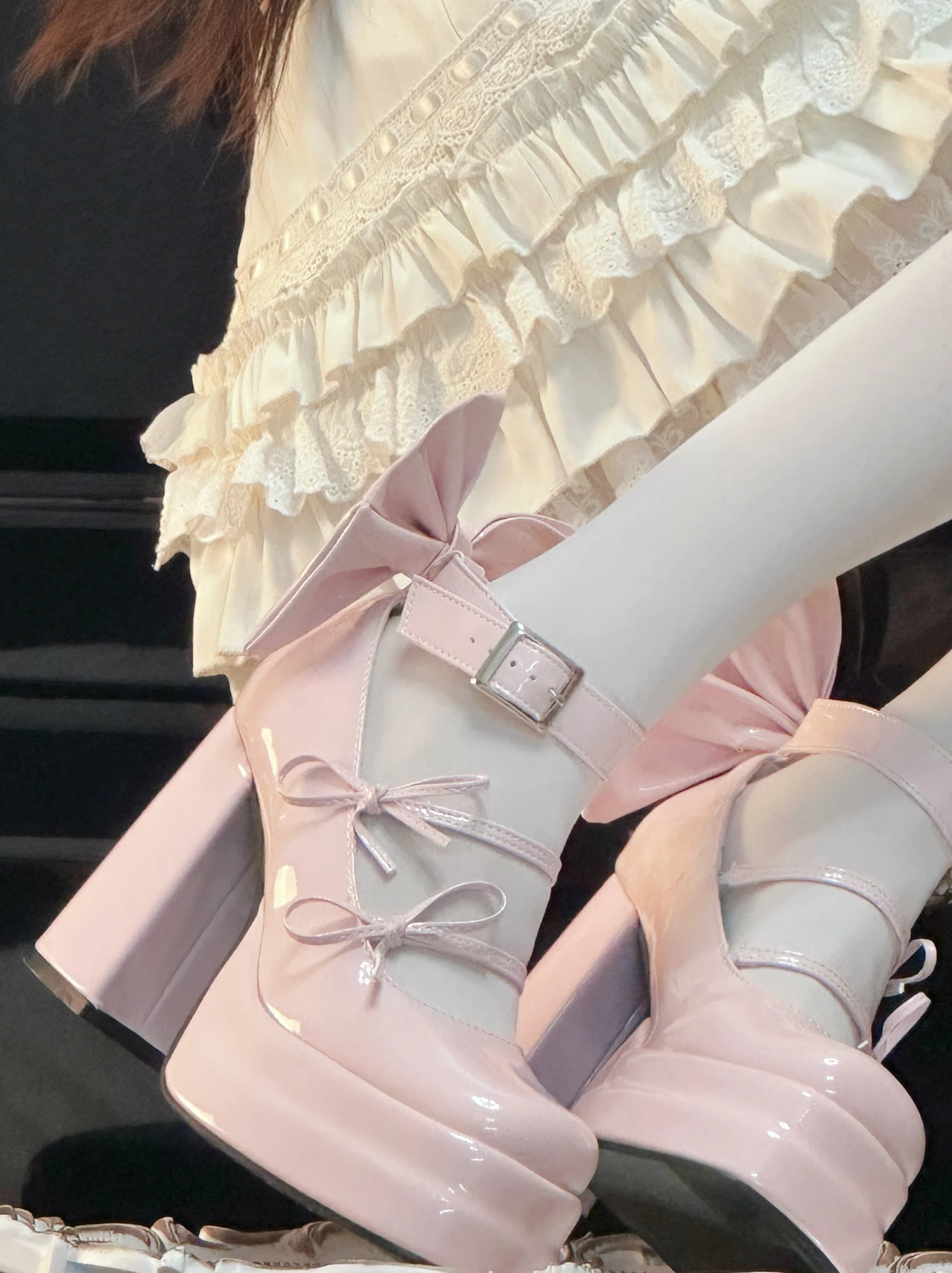 Cute Sweet Square Round Head Mary Jane Shoes Elegant Ladies Waterproof Platform Super High Heels Big Bow Chunky Heels