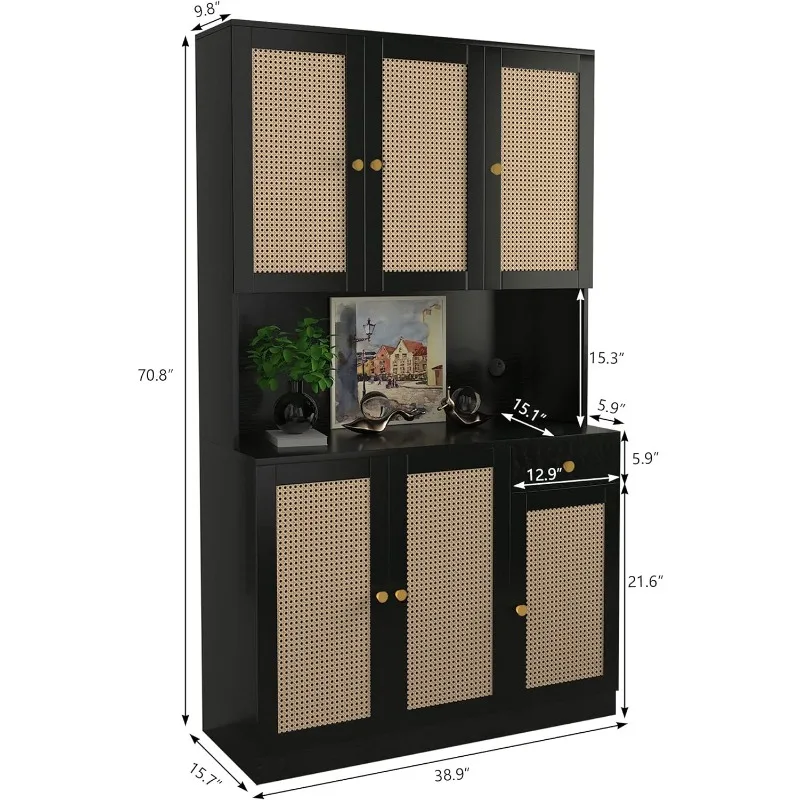 

71” Rattan Freestanding Kitchen Pantry Storage Cabinet, Buffet Cupboards Sideboard Modern Hutch Cabinet with 6 Doors & Drawer