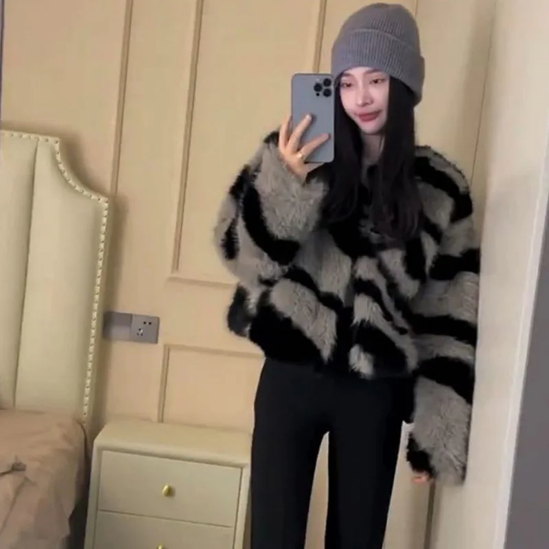 Winterthicker Warm Faux Fur Jacket Women's Striped Short Coat Crop Top Plus Size Cardigan Fashion Fluffy Outerwear