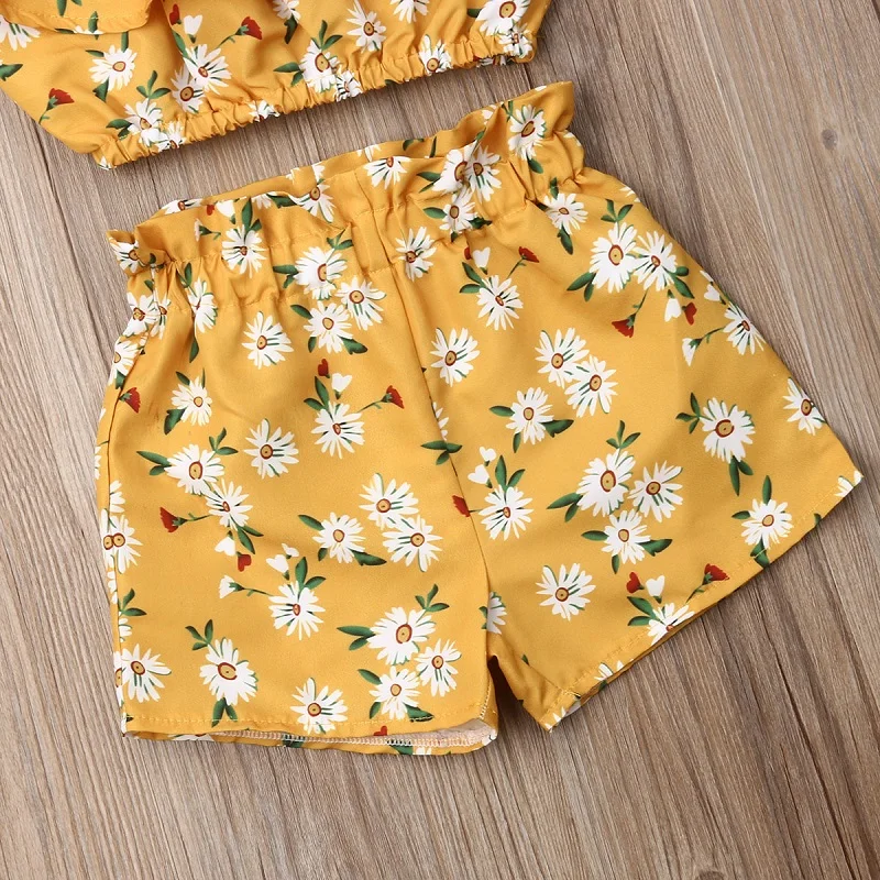 Kids Girls Clothing Sets 1-6 Years Summer Off Shoulder Sling Vest Tank Tops Shorts Pants Set Baby Clothing Children Outfits