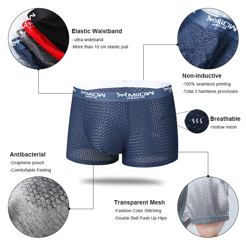 MiiOW 3Pcs Sexy Mesh Men Boxer Underwear Graphene Antibacterial