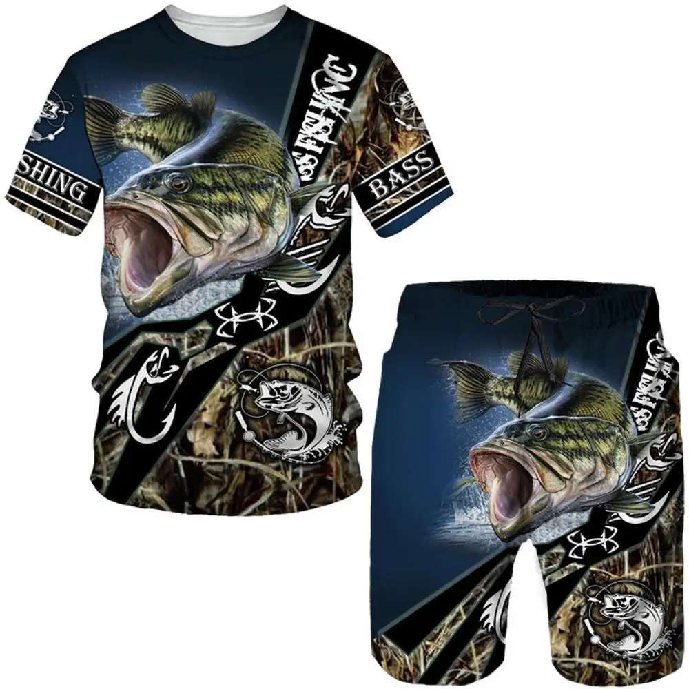

2024 Novel 3D Fish Print Men's and Women's T-shirt and shorts set camouflage fishing camping jumpsuit sports set fashion