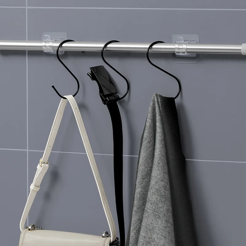 2/6/12Pcs Self Adhesive Rail Hooks Nail-Free Adjustable Curtain Rod Bracket Clamp Hooks No Drilling Home Kitchen Bathroom Use
