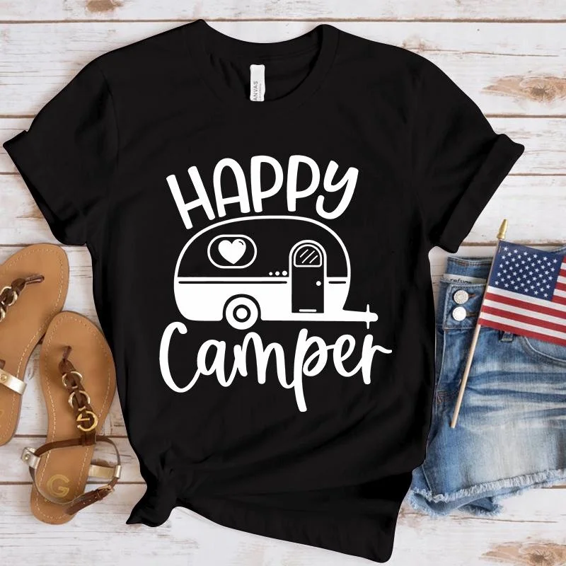 

New Happy Camper Printed T Shirts Women Men Solid Color Shirts Crew Neck Tees Tops Outdoor Camping Cool Soft Shirt