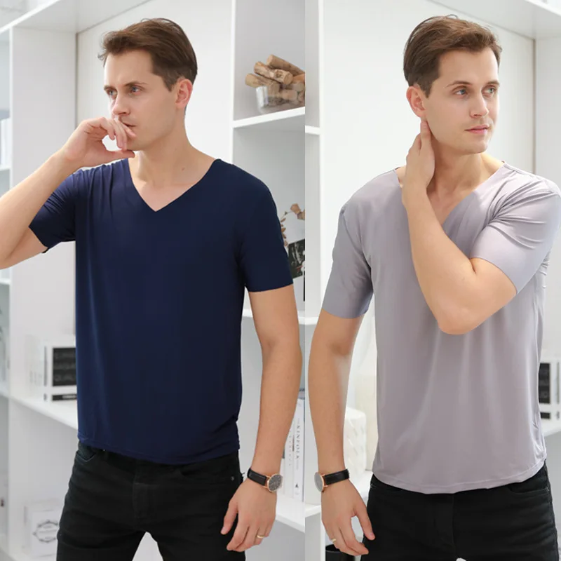 Summer Men's Ice Silk Vest Short Sleeves T Shirts V-Neck Tank Top Male Breathable Thin Seamless Undershirt Bodybuilding Singlets