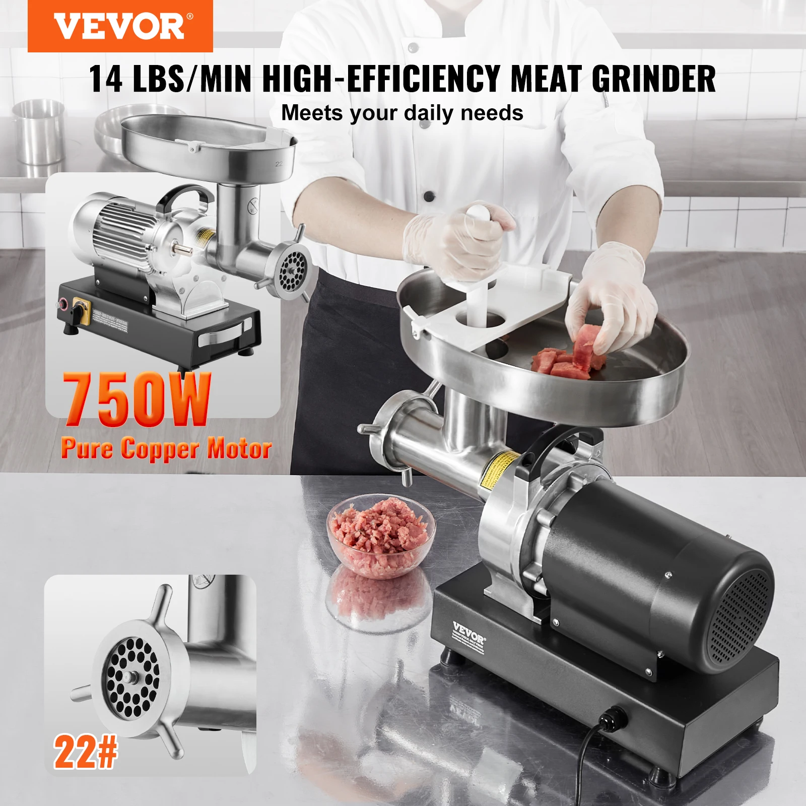 VEVOR Stainless Steel Commercial Meat Grinder, 14 Lbs/Min Capacity Electric Meat Grinders w/Blade, Grinding Plate, Sausage Maker 2