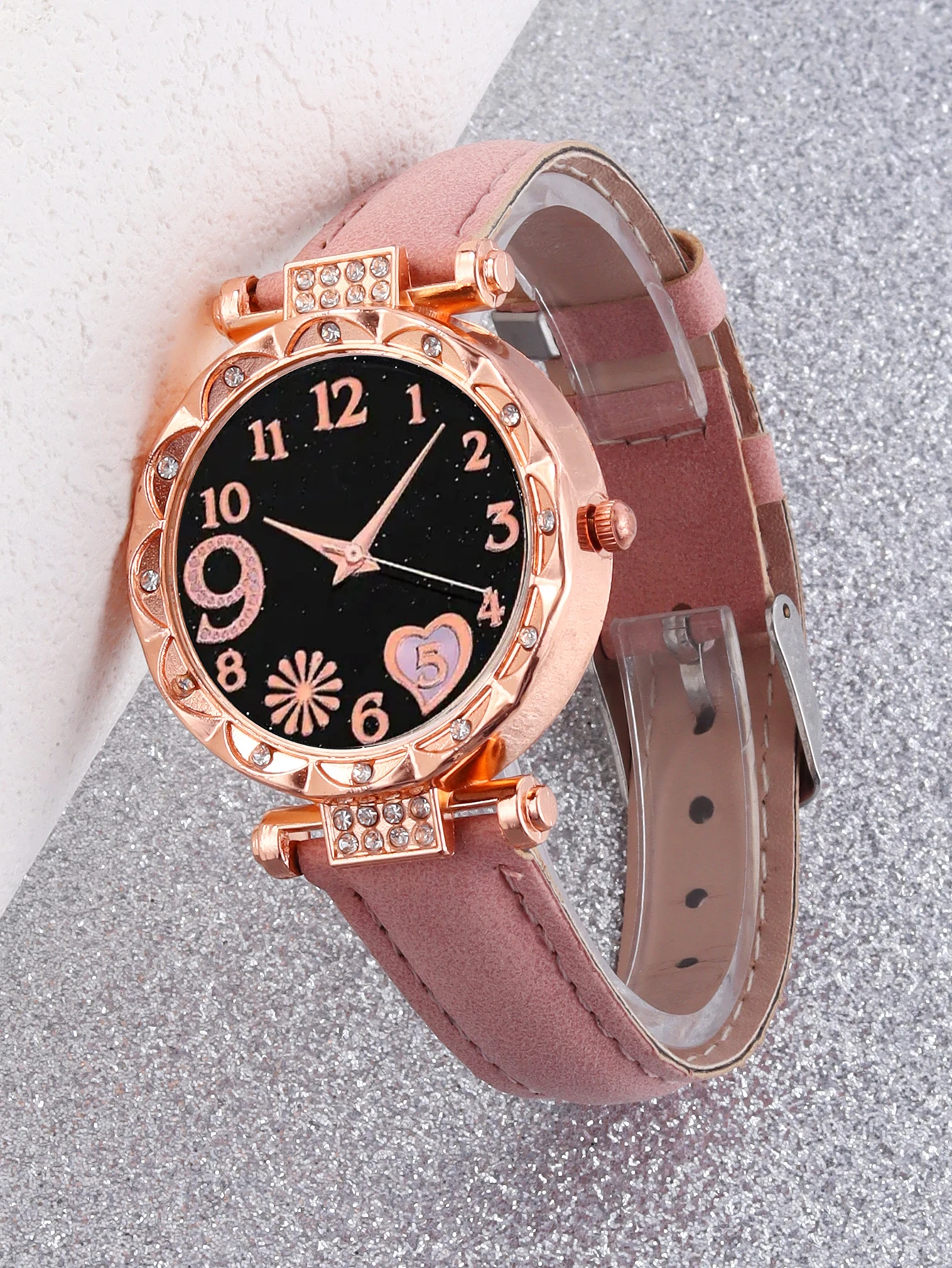 6PCS Women's Fashion Quartz Watch Luxury Pink Leather Band Analog WristWatch Ladies Watch Women Dress Bracelet Set Clock