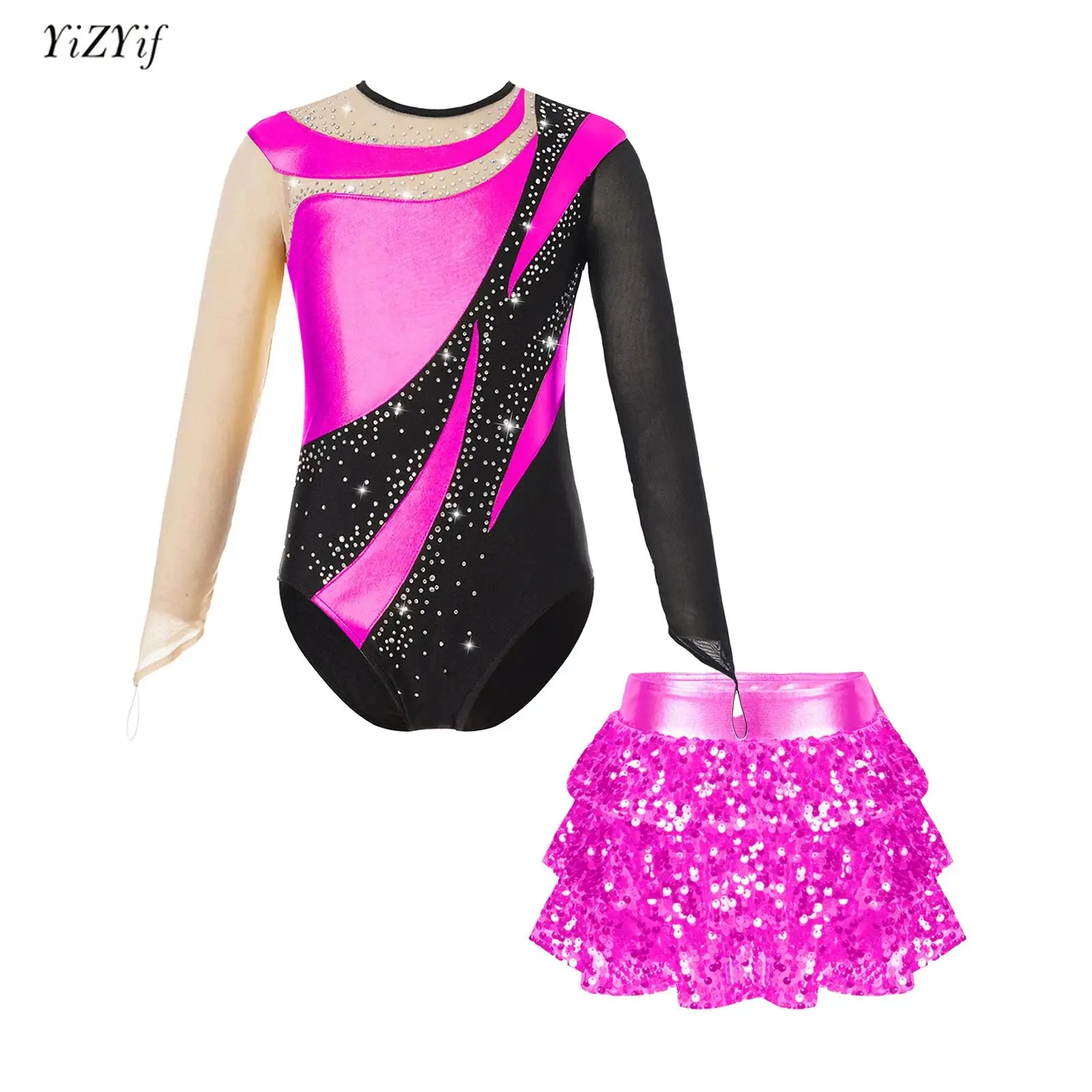 

Kids Girls Gymnastics Dance Leotard Patchwork Long Sleeve Leotard＋Shiny Sequins Tiered Ruffle Skirted Shorts Set for Ice Skating