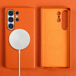 Premium Genuine Leather Magnetic Case for Samsung Galaxy Ultra Series - Full Coverage (Orange)