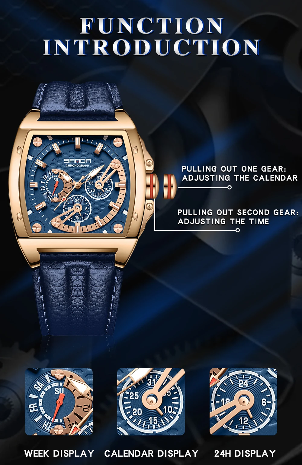 2023 SANDA New Quartz Men's Watch Square Belt with Three Eyes and Six Pin Pin Scales Fashion Trend Fluorescent Men's Watch 5308