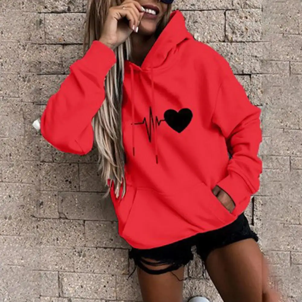 Men Loose Hoodie Cozy Heart Print Unisex Hoodie with Drawstring Plush Warmth Big Patch Pocket for Fall Winter Couple Hoodie