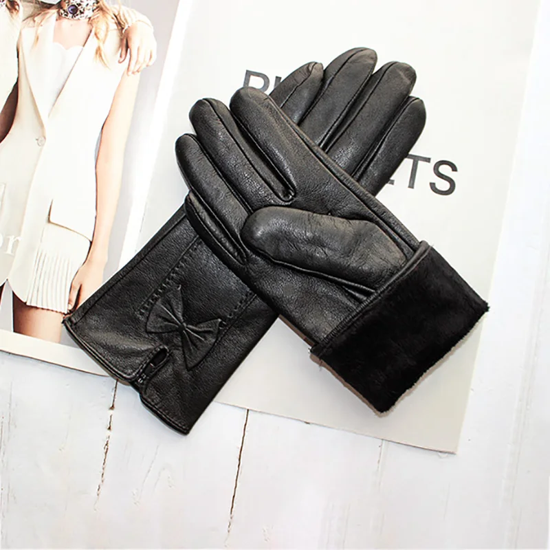Genuine Leather Gloves Women's Fashion Button Velvet Lining Autumn
