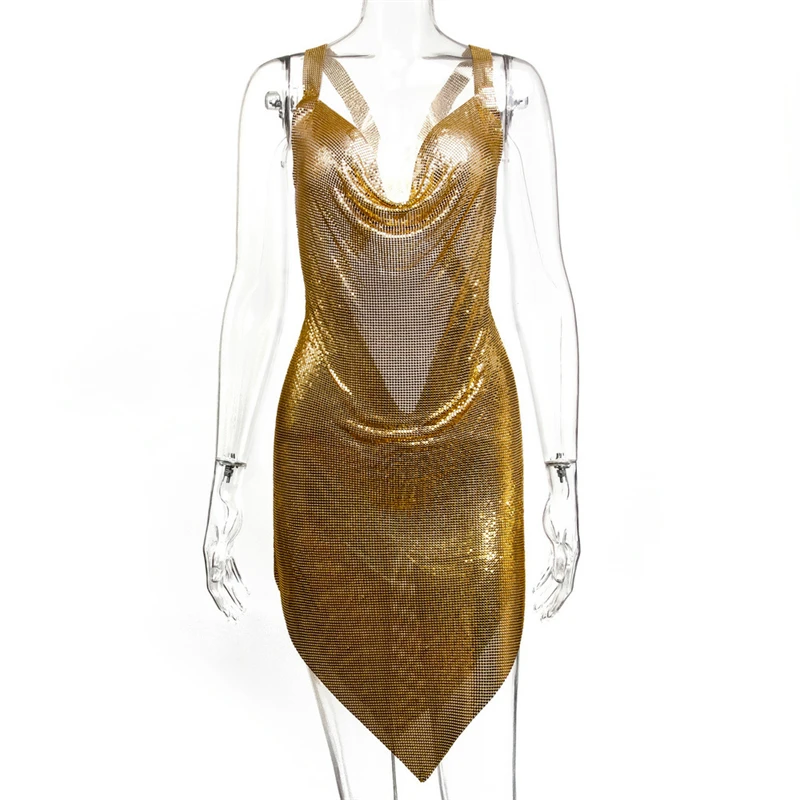 2026 Funkelndes Pailletten-Neckholder-Minikleid für Damen mit tiefem V-Ausschnitt, asymmetrischem Saum, figurbetontes Kleid, sexy Clubwear, Party- und Abendkleid – Detail 3