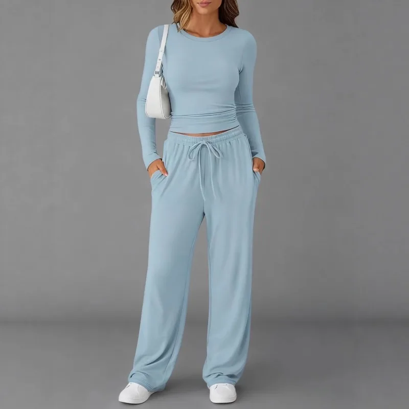 Abbigliamento da donna Moda europea americana Sport casual Autunno Inverno Tinta unita con coulisse Set di pantaloni a maniche lunghe - immagine 2