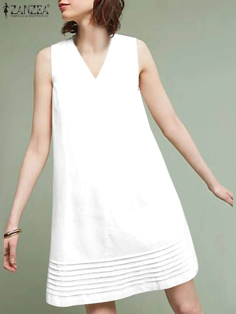

Women Elegant Solid Color Knee-length Sundress ZANZEA Summer V Neck Sleeveless A-line Dress Casual Party Work Vestido Sarafans