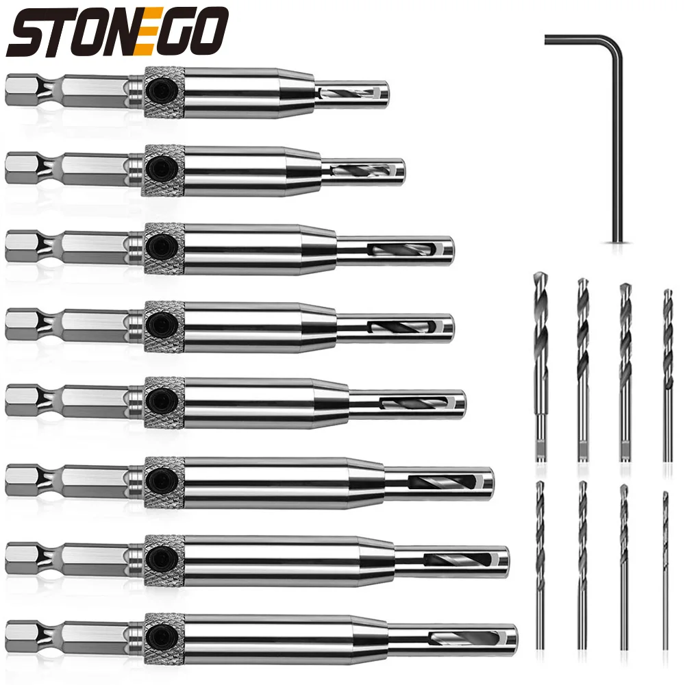 STONEGO Self-Centering Core Drill Bit Set for Woodworking, with Hole Puncher and Hinge Tapper 4/7/16PCS