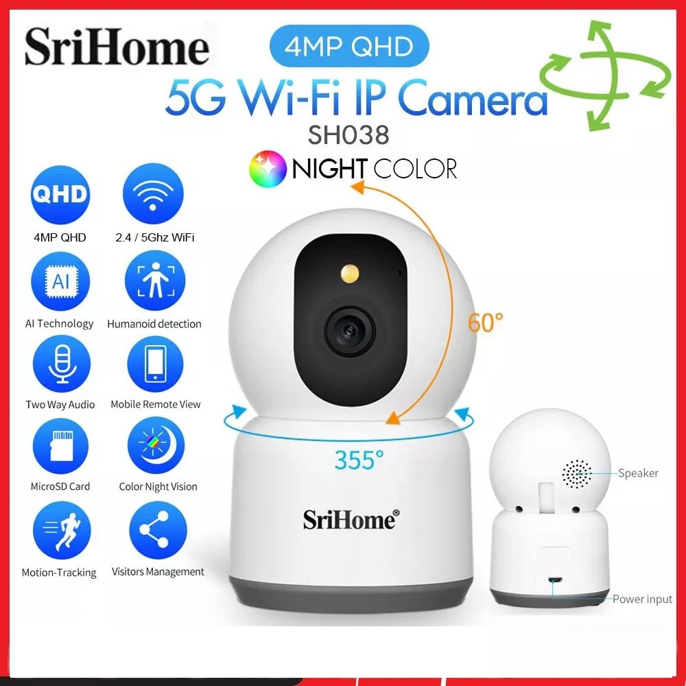 Srihome  SH038 4.0MP Q-HD 2.4G/5G Dual-Band Wifi IP Wireless Starlight Camera 2-Way Audio Night Color Surveilla CCTV PTZ  Camera
