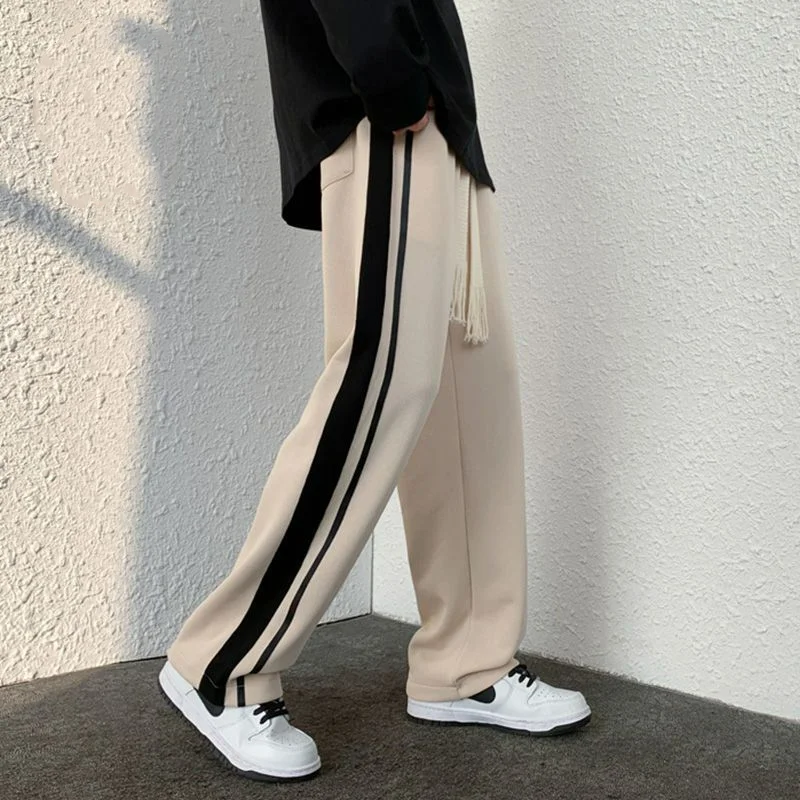 Korean Fashion Casual Sports Pants Trendy Wide Leg Pants Men Stripe Elastic Waist Drawstring Pockets Loose Straight Trousers