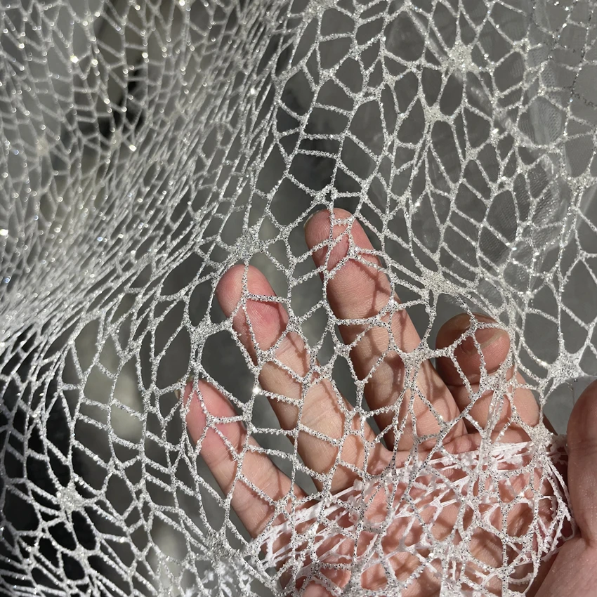 

Large Hole Net Fabric White Glitter Shiny Irregular Mesh Texture Designer DIY Sewing Accessories Wedding Dress Fabric Material