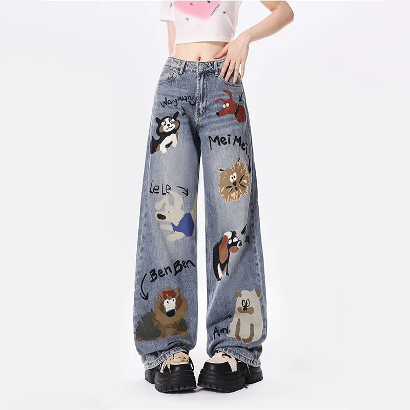 

Graffiti Printed Denim Jeans For Women With a Sense Of Niche Design, American High Waisted Loose Fitting Straight Tube Casual