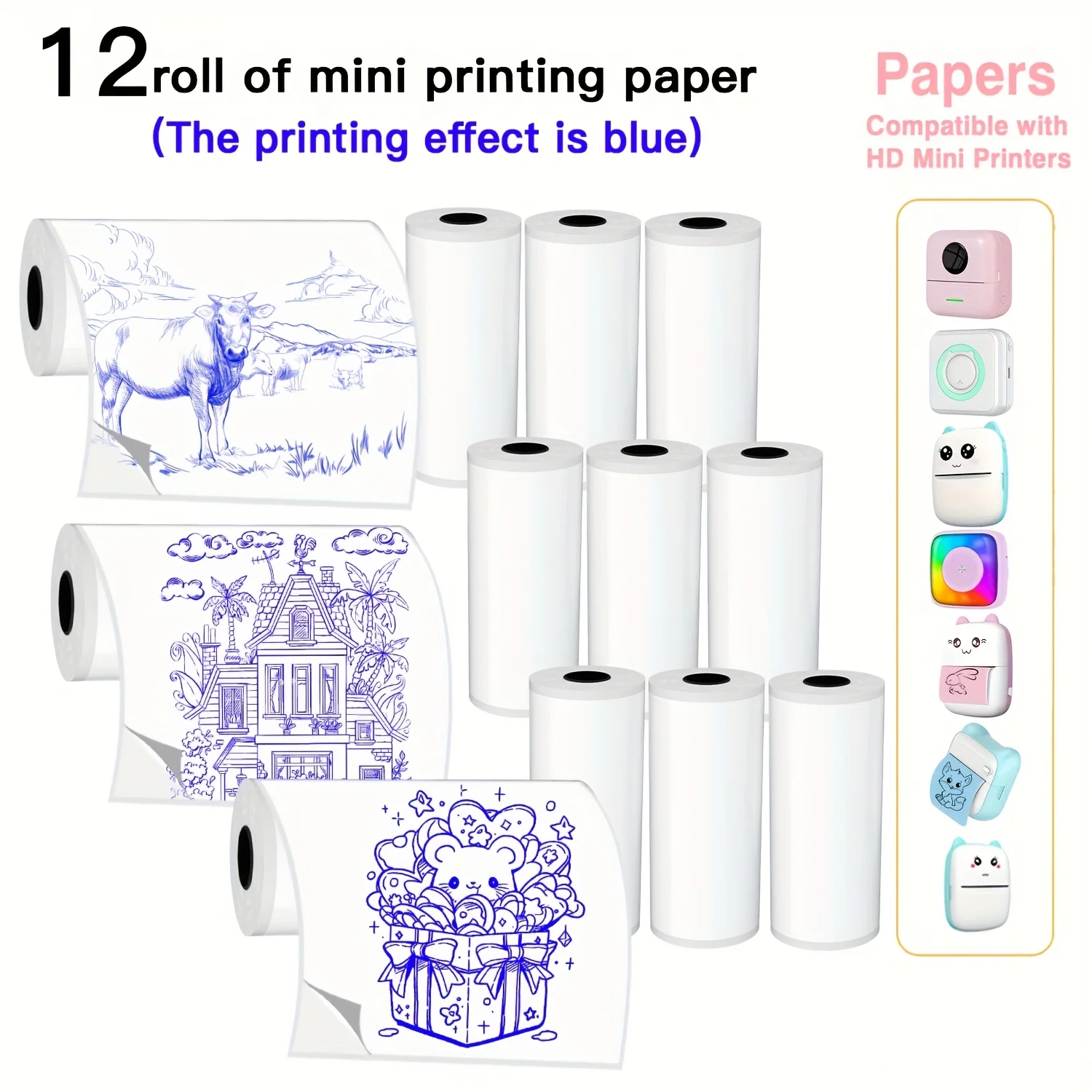 Blue Thermal Adhesive Sticker Paper Roll, 3-Pack - Printable for Photos, DIY Scrapbooking, Notes, Lists, Memos For Mini Printer