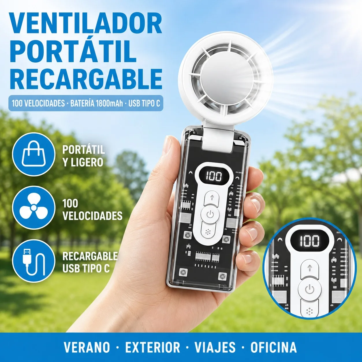 Ventilateur portable rechargeable avec refroidissement par semi-conducteur, 100 vitesses réglables, batterie de 1800 mAh et écran numérique LED, mini ventilateur pliable USB Type-C à main. 1