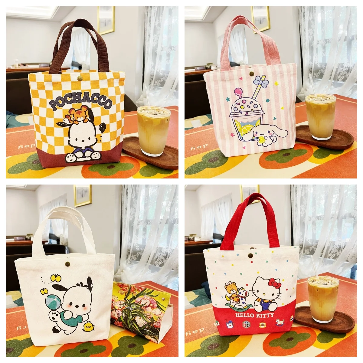 

Sanrio Kawaii Cute Canvas Bag Pochacco Cinnamoroll Water Cup Bag Handbag Portable Lunch Bag Hello Kitty Mini Messenger Bag
