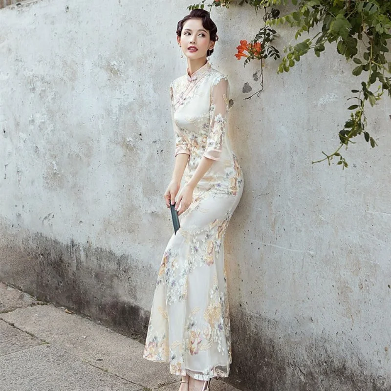 여성용 우아한 연회 파티 원피스, 럭셔리 중국 스타일, 긴 치파오 오리엔탈 여성 웨딩 슬림 무도회 치파오 가운, S-4XL