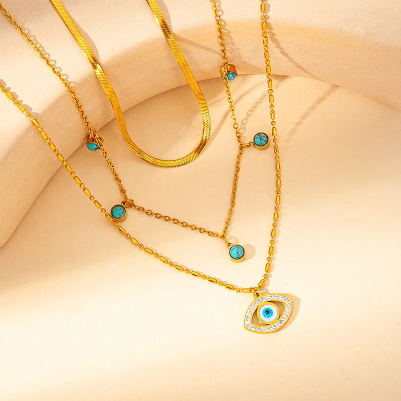 Multi-layer Chain Turquoise Turkish Evil Eye Stainless Steel Statement Collar Necklace Fashion Ethnic Style Jewelry for Women 2