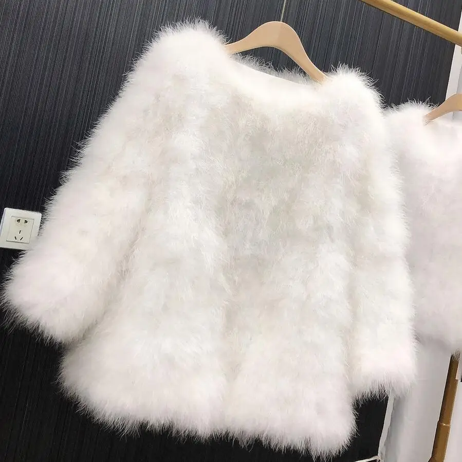 

Fashion Sexy Real Ostrich Feather Turkey Fur Women Coat White Feather Short jacket Winter Festival Long Sleeve Outwear