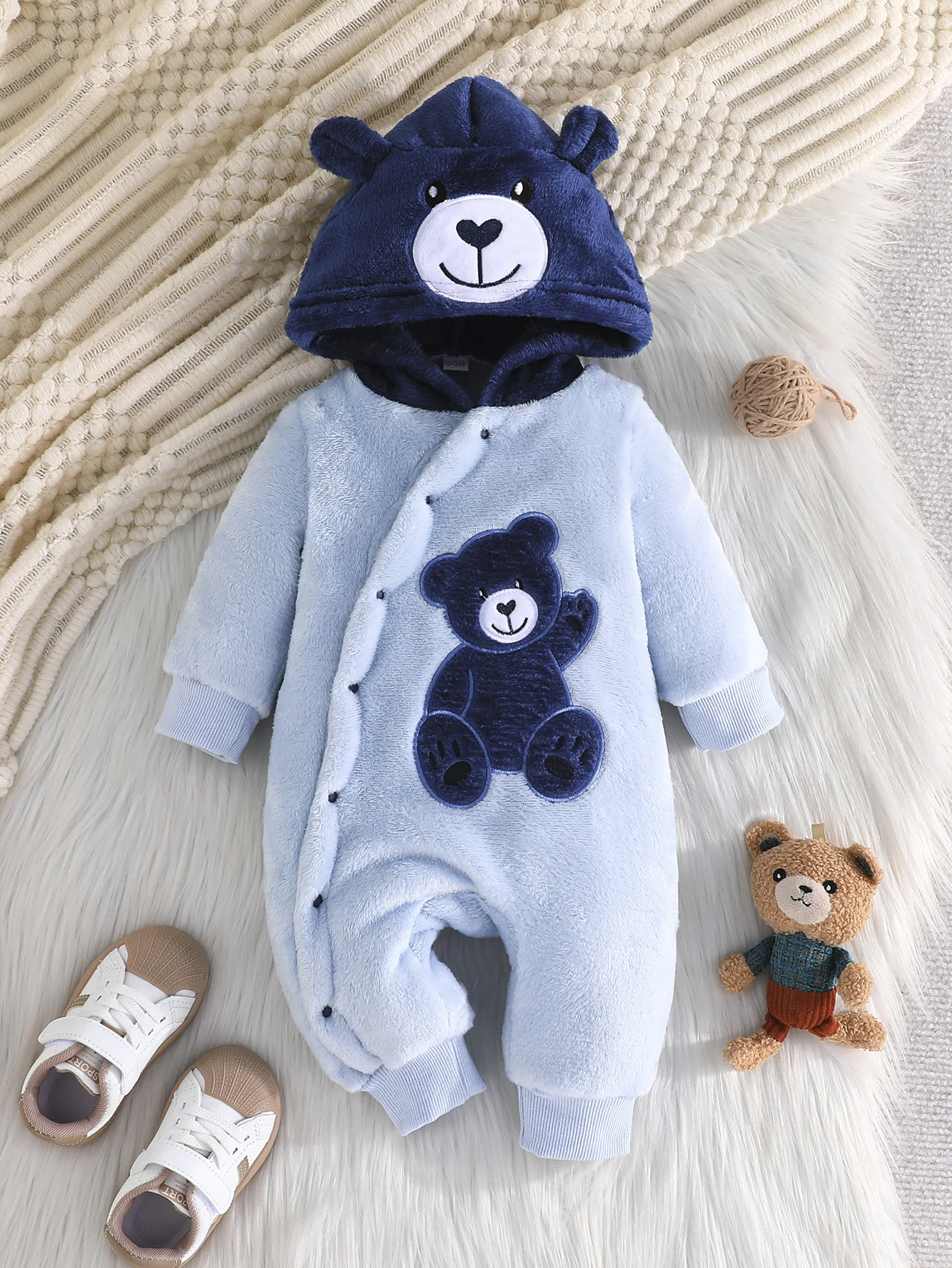 Cute Baby Onesie - Hooded with Bear - face Design on Hood and Bear - motif Embroidery, Long - sleeved and Snap - closure