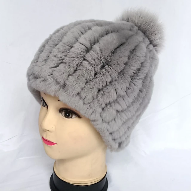 Real Rex Rabbit Fur Hat with Real Fox Fur Pompom Elastic Fashion