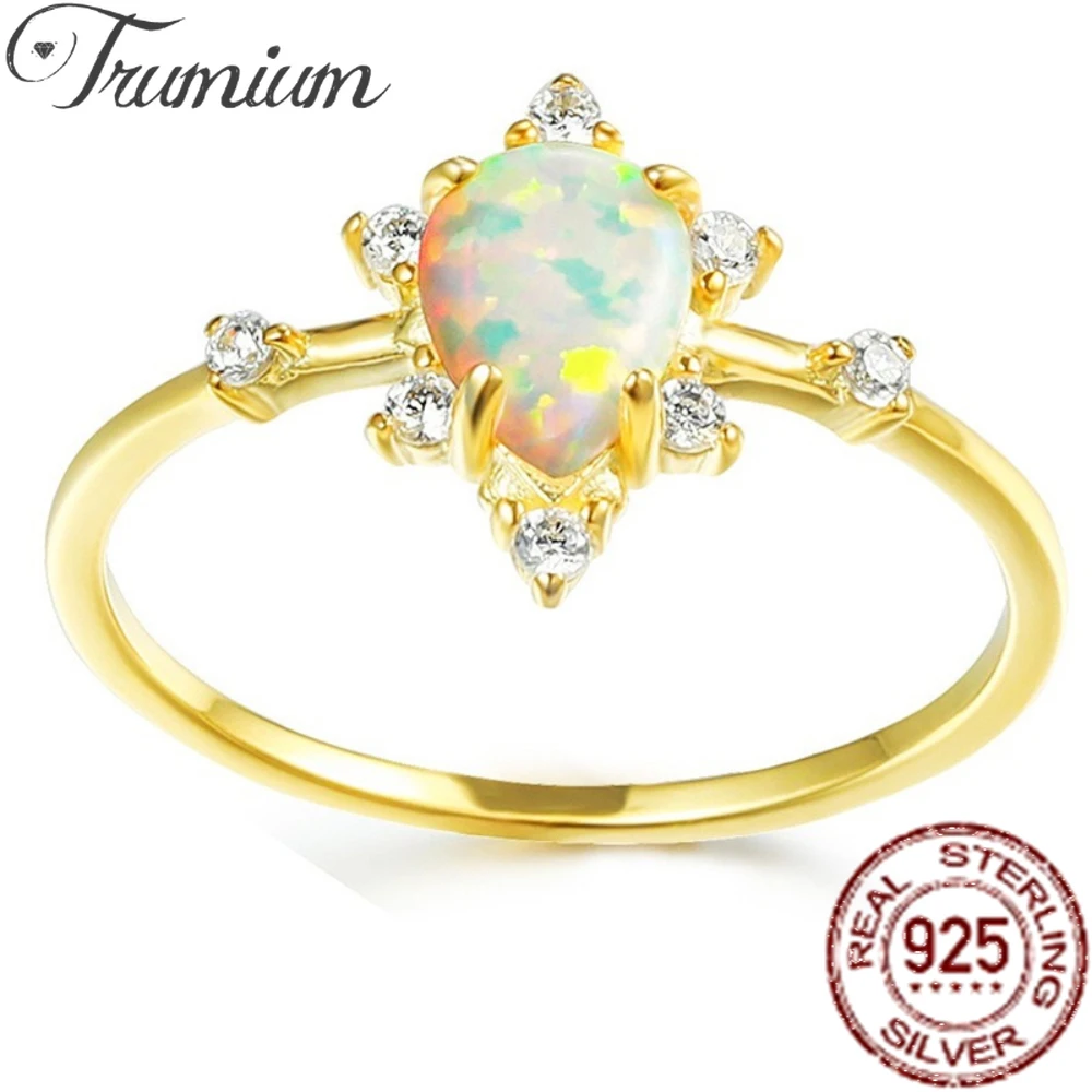 

Trumium Real 925 Sterling Silver White Fire Opal Ring Gold Plated Water Drop Engagement Promise Love Wedding Rings For Women