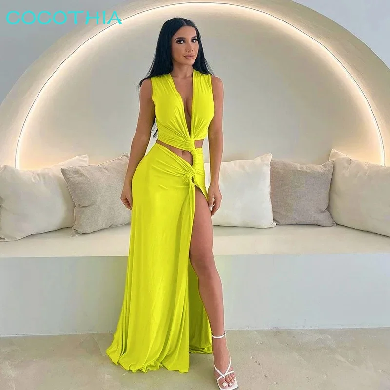 

COCOTHIA Deep V Neck Hollow Out Shirring High Split Solid Color Maxi Dress Celebrity Summer Feminine Elegant Fashion Vestidos