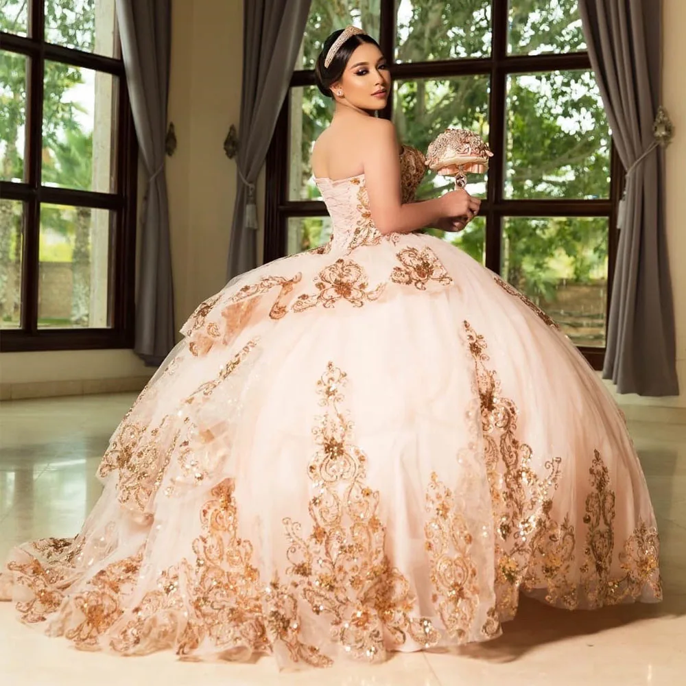 

Sweet 16 Quinceanera Dress 2023 Sparkly Lace Appliques Sequins 3D Flowers Princess Ball Gown Vestidos De 15 Años