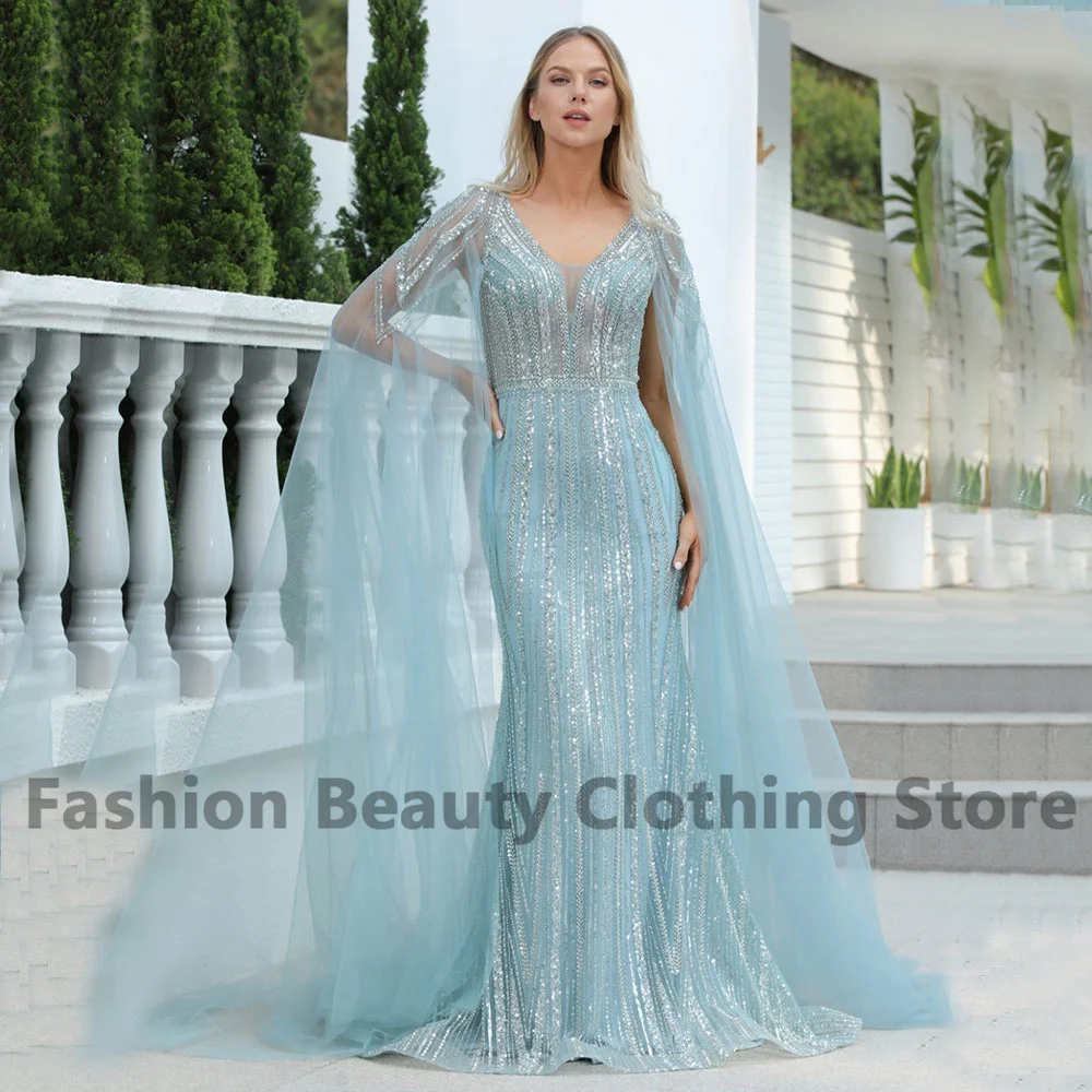 

Gorgeous Lace Prom Gown With Shawl Tulle Deep V-Neck Mermaid Sweep Train Back Zipper Pleated Sexy Women's Party Evening Dress