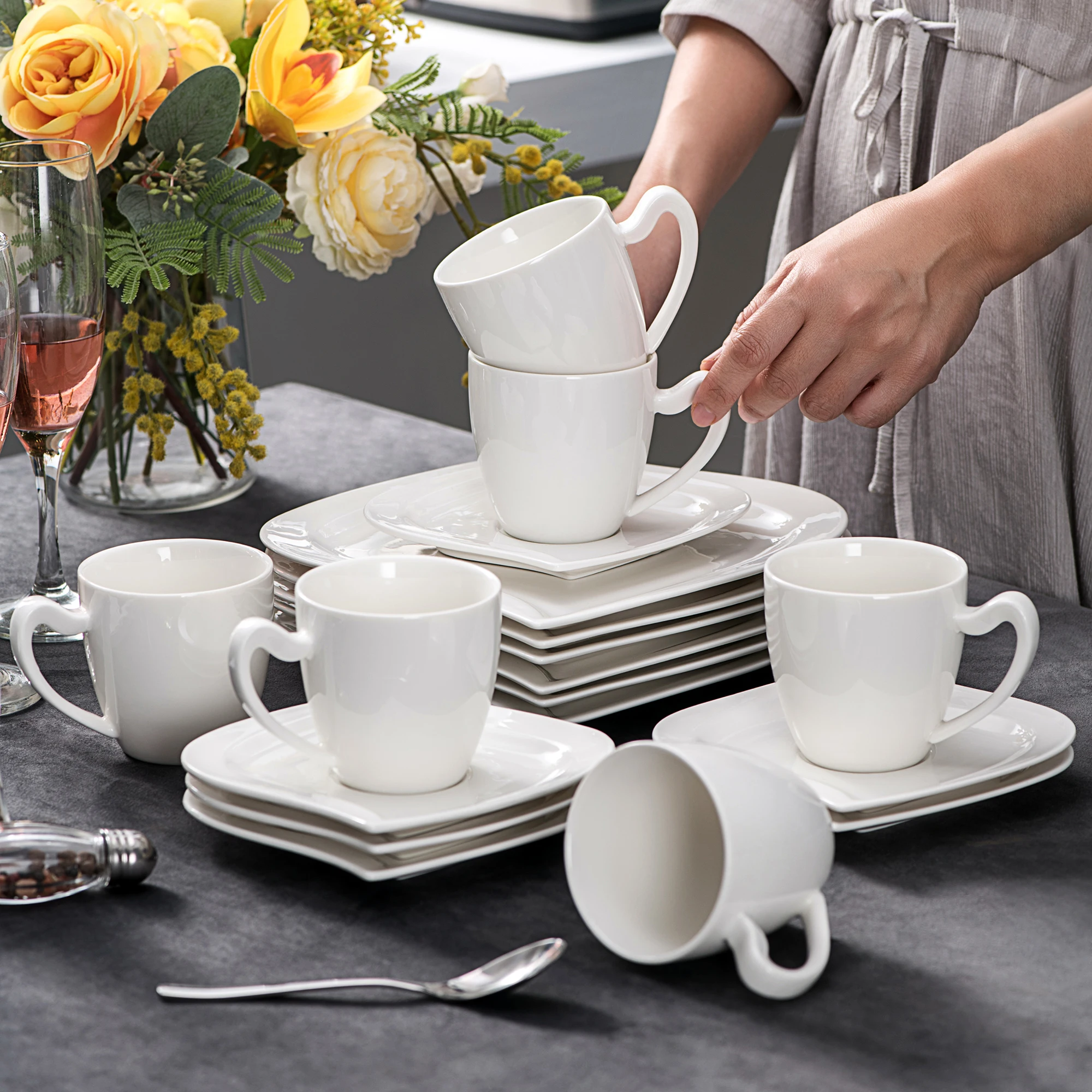 

MALACASA Elvira 18-Piece White Porcelain Afternoon Tea Ceramic Dinner Combi-Set with 6*Coffee Cups,Saucers and Dessert Plates