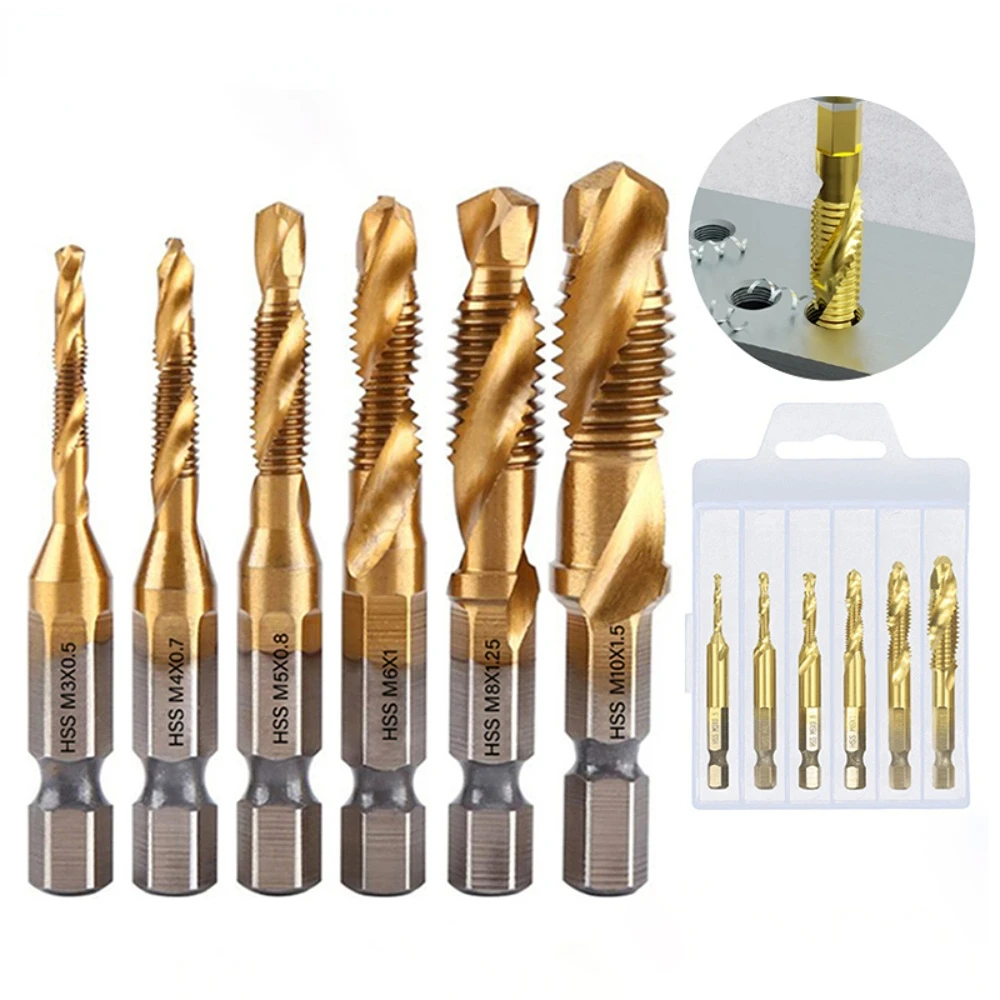 Description Picture 2 of itemTap Drill Bit Set Hex Shank Titanium Plated HSS Screw Thread Bit Screw Machine Compound Tap Hand Tools M3 M4 M5 M6 M8 M10