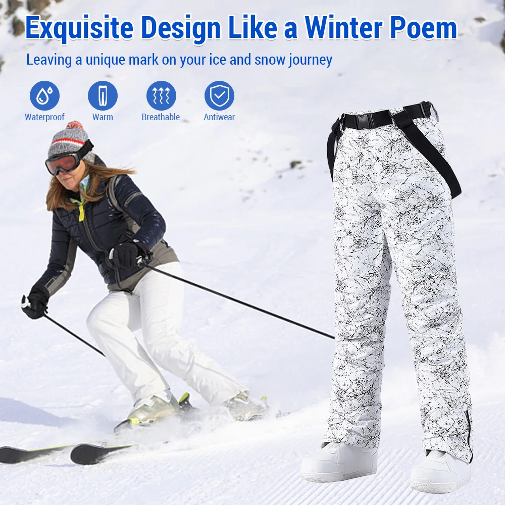 

Windproof Waterproof Snow Pants Women Warm Ski Pants Inner Thigh Zipper Design for Winter Outdoor Activities Climbing Fishing