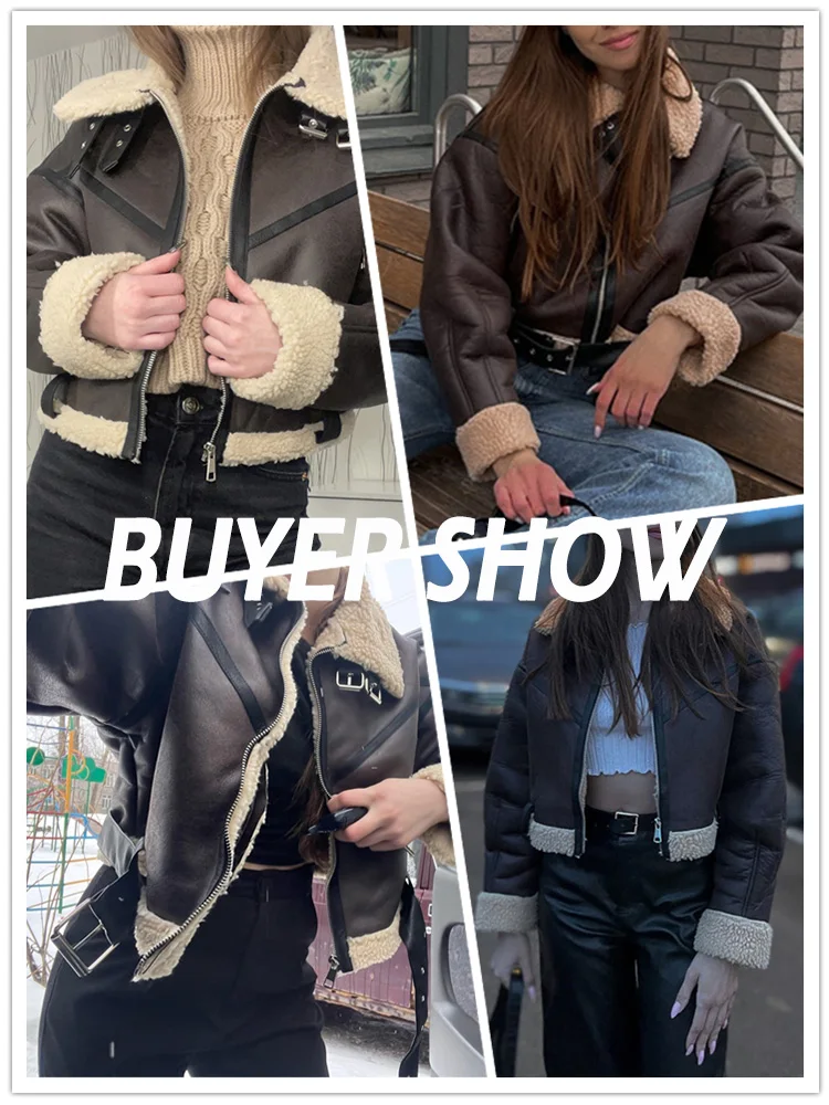 Winter women's street clothing artificial lamb fur leather short jacket with belt motorcycle thick warm sheepskin overcoat coat