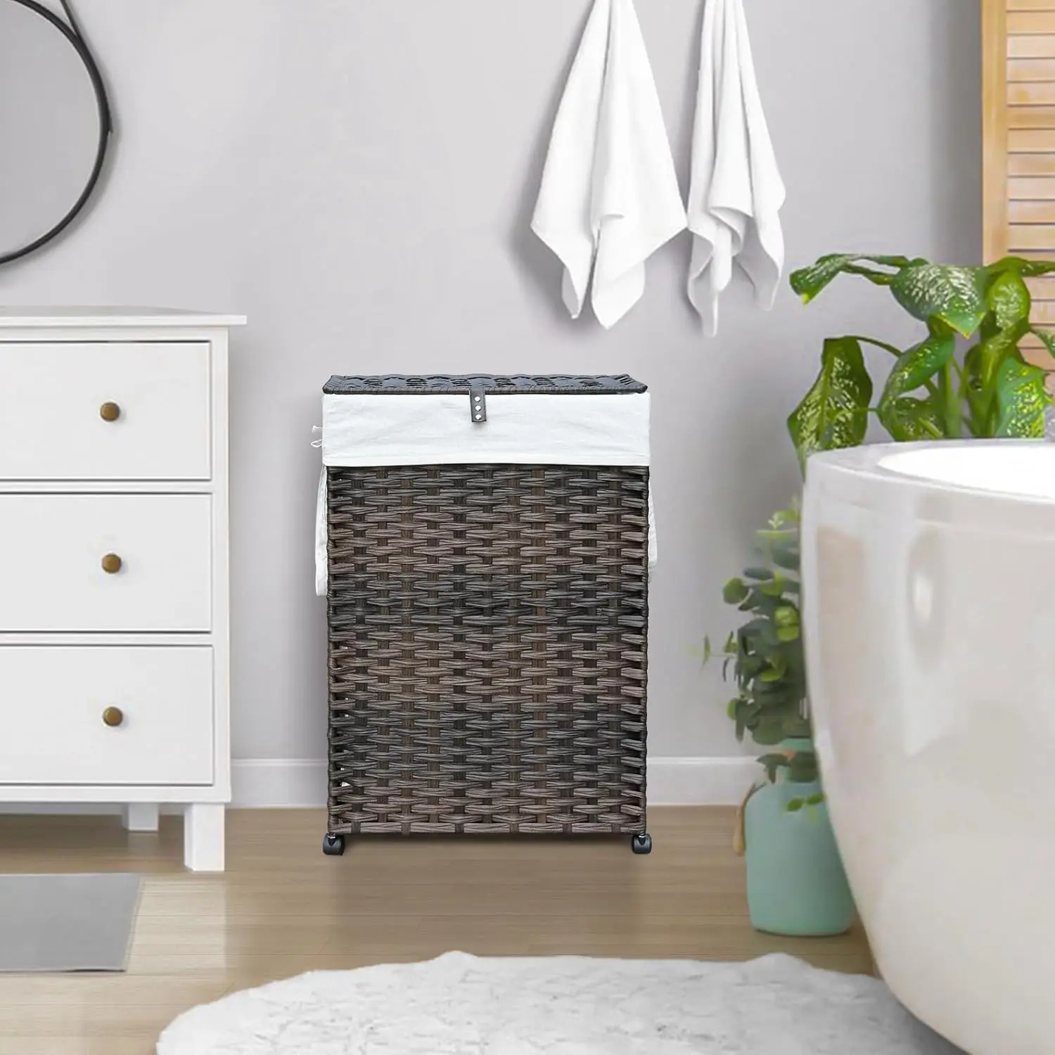70L Slim Laundry Hamper with Lid & Wheels Rolling Laundry Basket with 2 Removable Liner Bags & 3 Mesh Bags Narrow Dirty Clothes