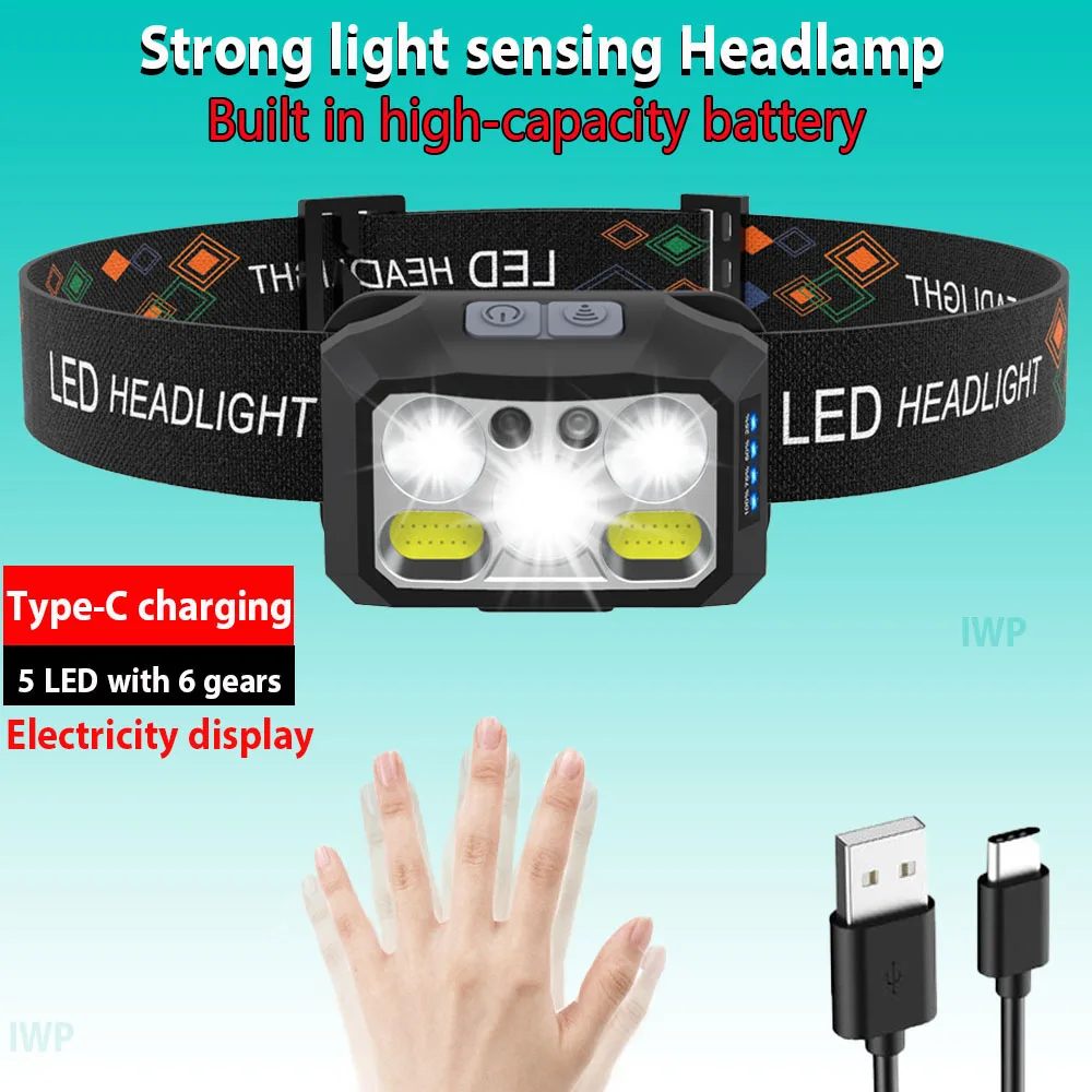 Lampe frontale LED rechargeable puissante 8 modes détecteur mouvement étanche pêche nocturne