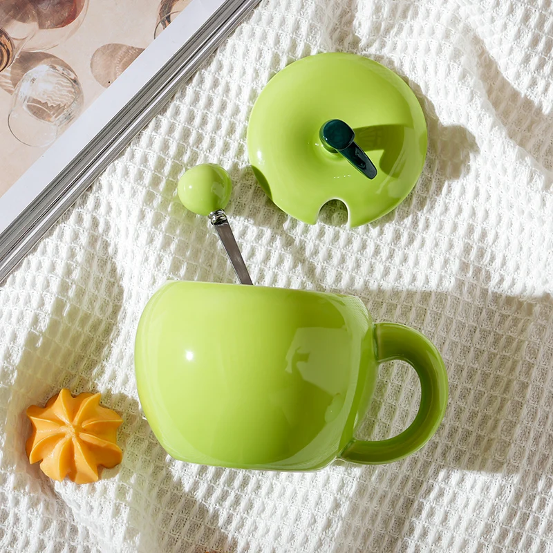 Chinese Style Ceramic Cute Mug, Home Personal Office Creative Covered Spoon, Fruit Apple Shape Milk Water Coffee Cup, 350ml, 1Pc