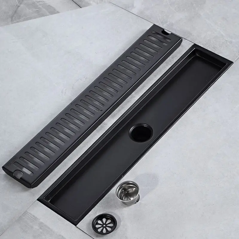 

20-90cm Stainless Steel 304 Floor Drain Anti-Odor Bathroom Shower Drainage Rectangle Long Bath Drains Black Kithchen Drains