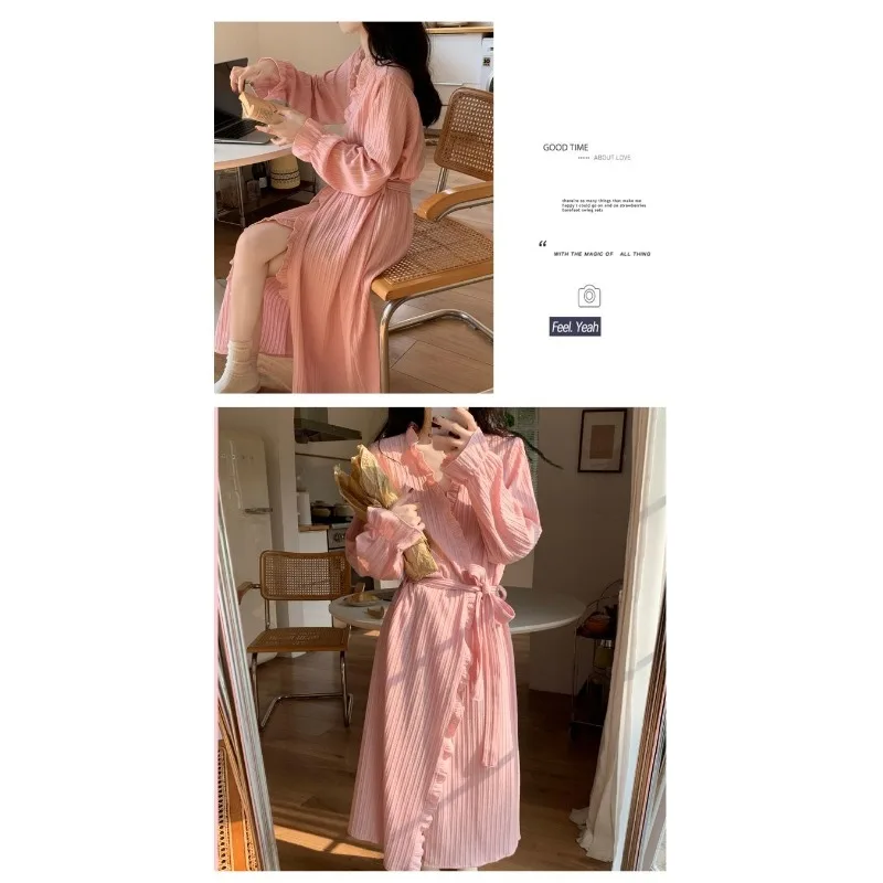 Long bathrobe Spring and Autumn Can be worn outside loungewear Solid color lacing comfortable sexy sleepwear